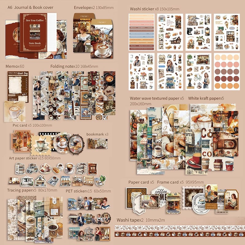 Aromoty Scrapbooking Supplies Kit, Coffee Aesthetic Vintage Scrapbook Kit for Bullet Junk Journal A6 Grid Notebook Stationary Journaling Supplies DIY Craft Birthday Holiday Gifts for Women Kid Teen Girl - Image 2